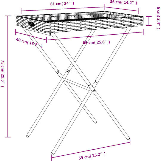 Auxiliary Outdoor Foldable Table with Rattan Surface and Metal Frame Natural 65x40x75cm
