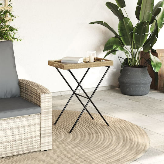 Auxiliary Outdoor Foldable Table with Rattan Surface and Metal Frame Natural 65x40x75cm