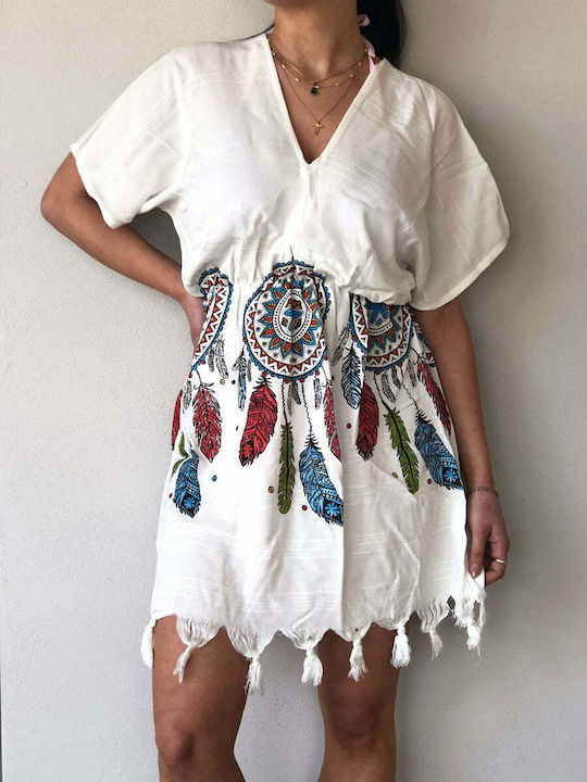 Rochie de Plajă pentru Femei din Vâscoză cu Ciucuri și Design Dreamcatcher Sun