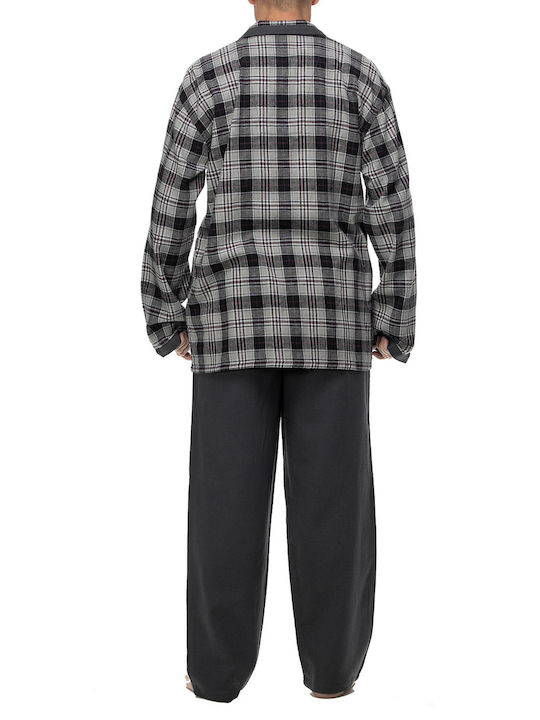 Men's Winter Cotton Checked Pajama Pants Solid color, front opening with buttons.