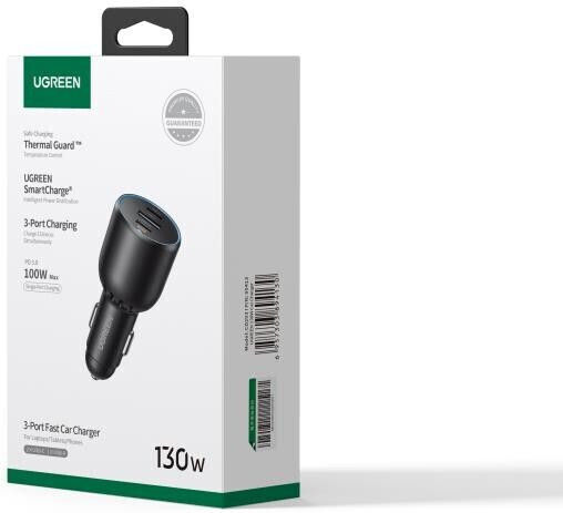Ugreen Φορτιστής Αυτοκινήτου 130W 5A Γρήγορης Φόρτισης με Θύρες: 1xUSB 2xType-C Μαύρο Χρώμα