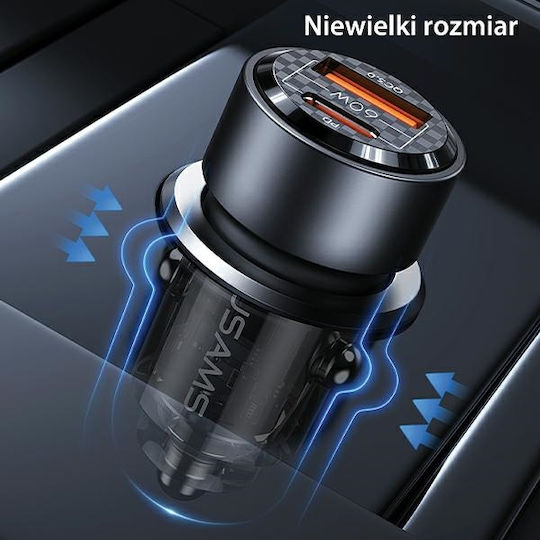Usams Φορτιστής Αυτοκινήτου 60W με Θύρες: 1xUSB 1xType-C Μωβ Χρώμα