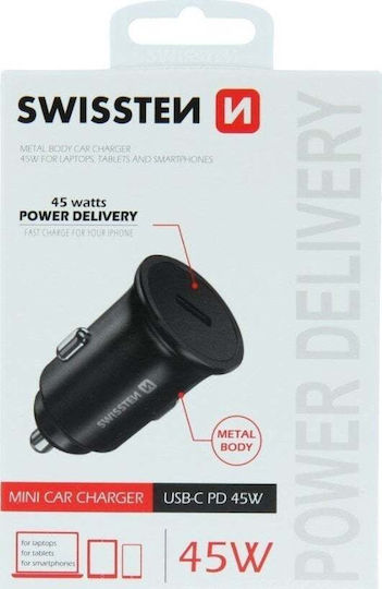Swissten Auto-Ladegerät 45W mit einem Anschluss: 1xType-C mit Kabel Eingebettet Schwarz Farbe