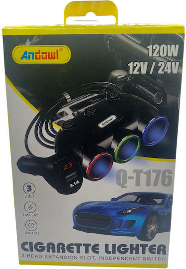Awei Auto-Ladegerät 5A mit Anschlüssen: 3xZigarettenanzünder Schwarz Farbe