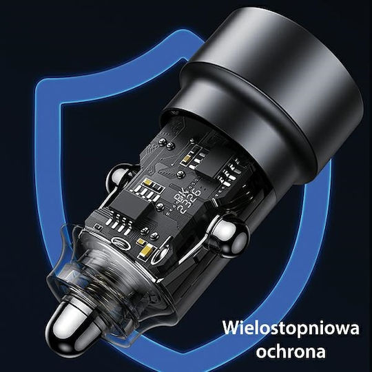 Usams Auto-Ladegerät 60W 2.22A mit Anschlüssen: 1xUSB 1xType-C Schwarz Farbe