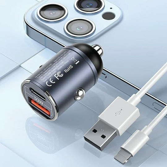 Usams Φορτιστής Αυτοκινήτου 30W 5A Γρήγορης Φόρτισης με μία Θύρα: 1xUSB Μωβ Χρώμα