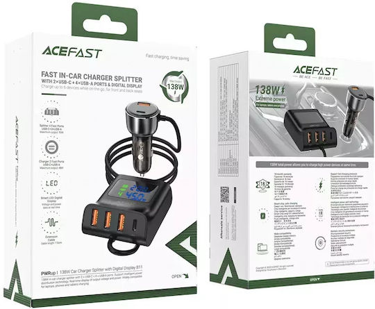 Acefast B11 138w Usb-a Usb-c Car Charger With 6 Ports - Black