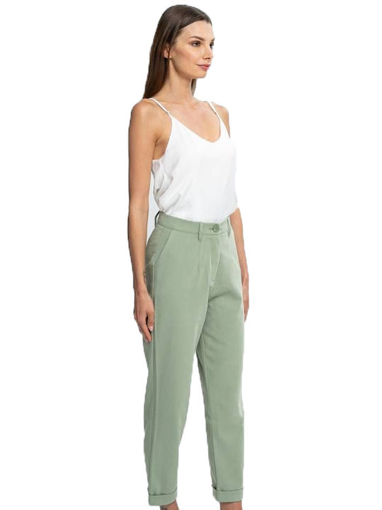 Mind Matter Women's High-waisted Fabric Trousers in Loose Fit Green