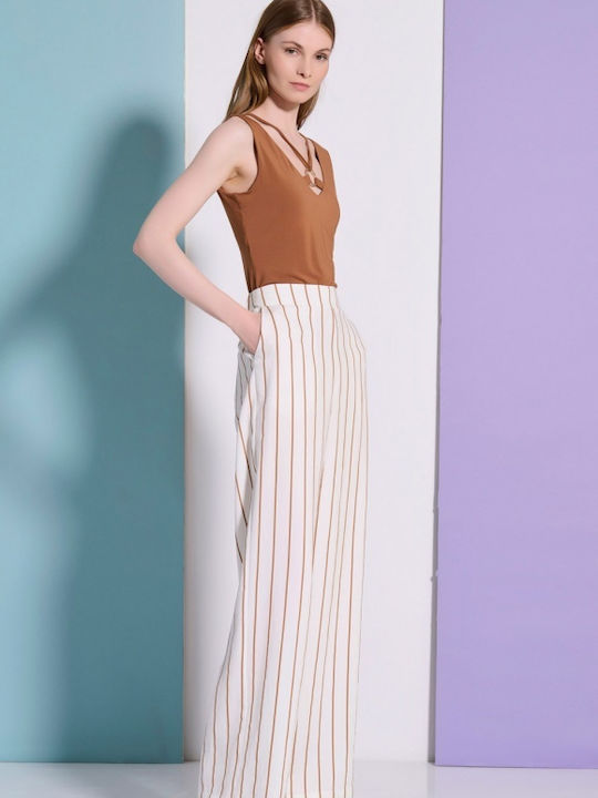 Pantaloni Dama Largi High Rise Cu Cauciuc În Fit Regular Model Cu Dungi Ecru