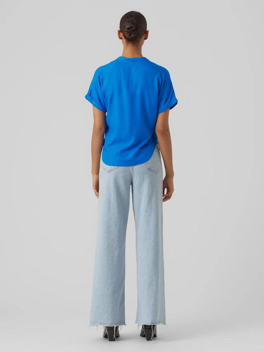 Women's Blouse Short Sleeve with V Neckline Blue