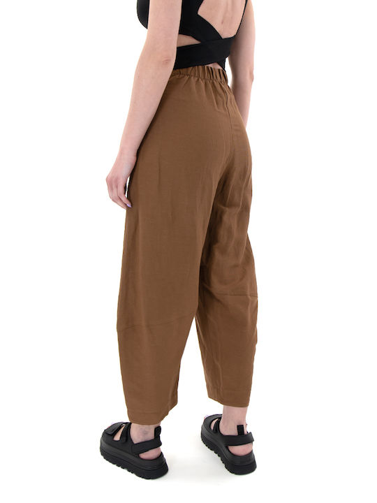 Moutaki Women's High Waist Linen Trousers with Elastic in Balloon Line coffee