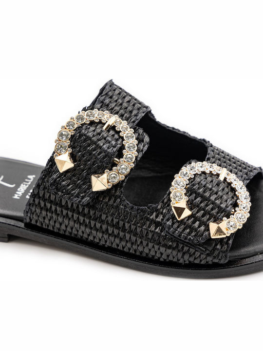 Leather Women's Flat Sandals in Black Color