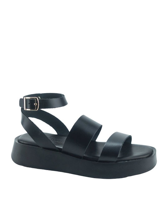 Leather Women's Flat Sandals in Black Color