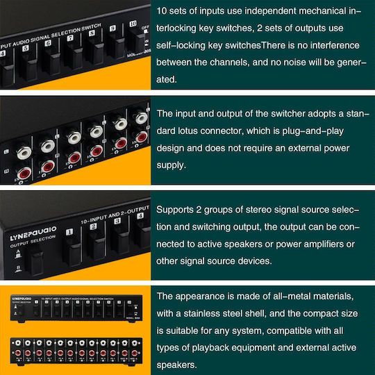 B059 10 In 2 Out 2 In 10 Out 2-way Rca Switch Audio Frequency Signal Select Shift Device Loudspeaker Box