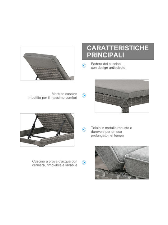 Liegestuhl Rattan mit Kissen Gray 2Stück 196x65x22cm.