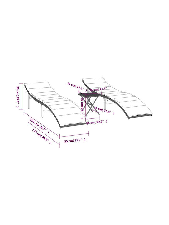 Deckchair Rattan with Cushion Gray with Table 2pcs 199x55cm.
