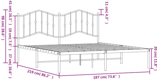 King Size Metallbett Schwarz mit Lattenrost für Matratze 183x213cm