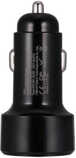 Techsuit Car Charger 18W 3.1A Fast Charging with Ports 1xUSB-A 1xType-C including Cable Type-C Black Colour