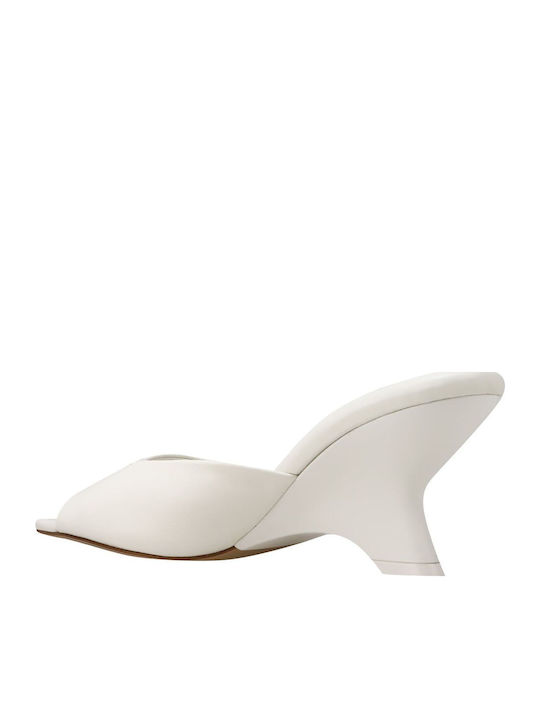 Leather Mules with Chunky High Heel in Ecru Color