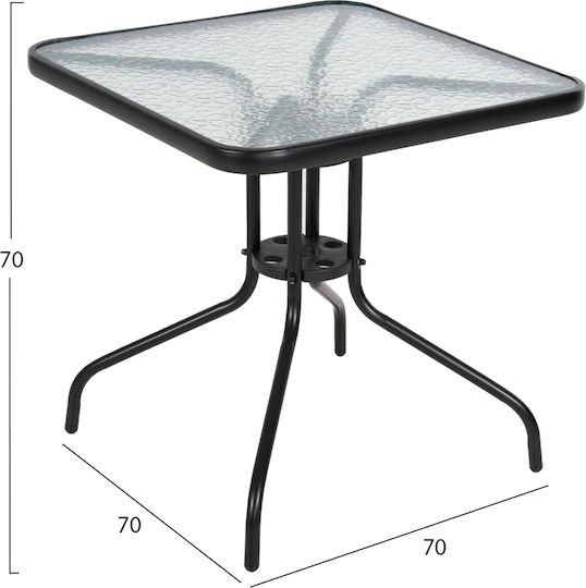 Figo Outdoor Dinner Free Standing Table with Glass Surface and Metal Frame Black 70x70x72cm