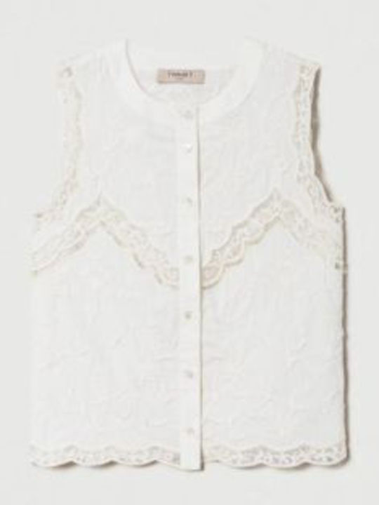 Twinset Αμάνικο Τοπ Φλοράλ Κεντήματα 241tt2082 00001 White