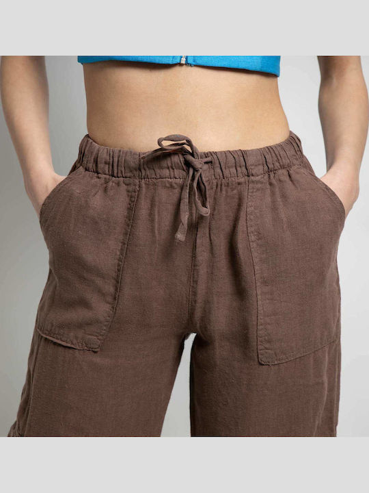Damen Hoch tailliert Leinen Hose mit Gummizug in Geradem Schnitt Brown