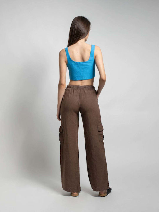 Damen Hoch tailliert Leinen Hose mit Gummizug in Geradem Schnitt Brown