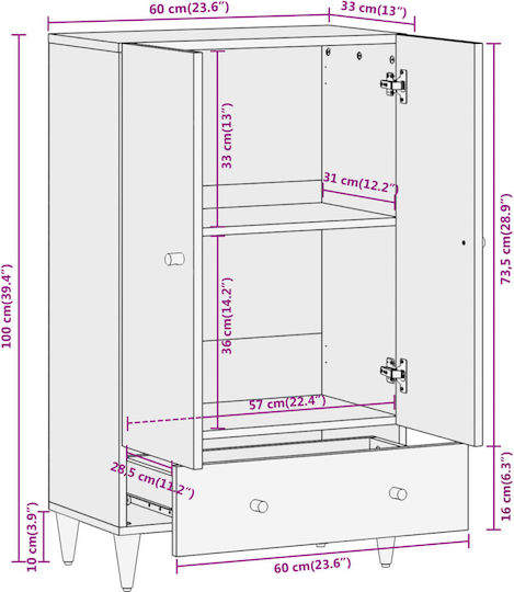 Cabinet de depozitare din lemn masiv L60xW33xH100buc