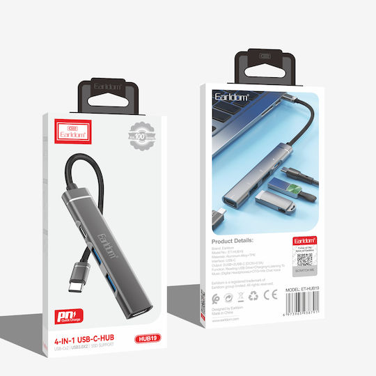 Earldom Hub 4 Θυρών USB 2.0 με σύνδεση USB-C Γκρι