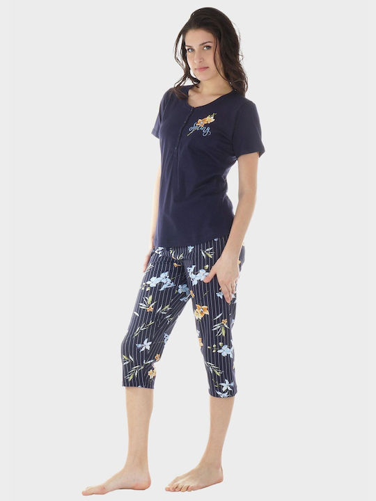 Women's Summer Pajama Capri Vienetta Pants All Print Flowers Elastic Waist Pants Navy