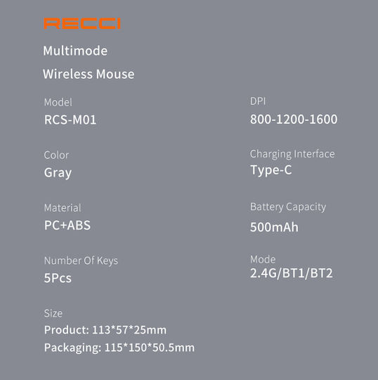 Recci RCS-M01 Ασύρματο Ποντίκι Γκρι