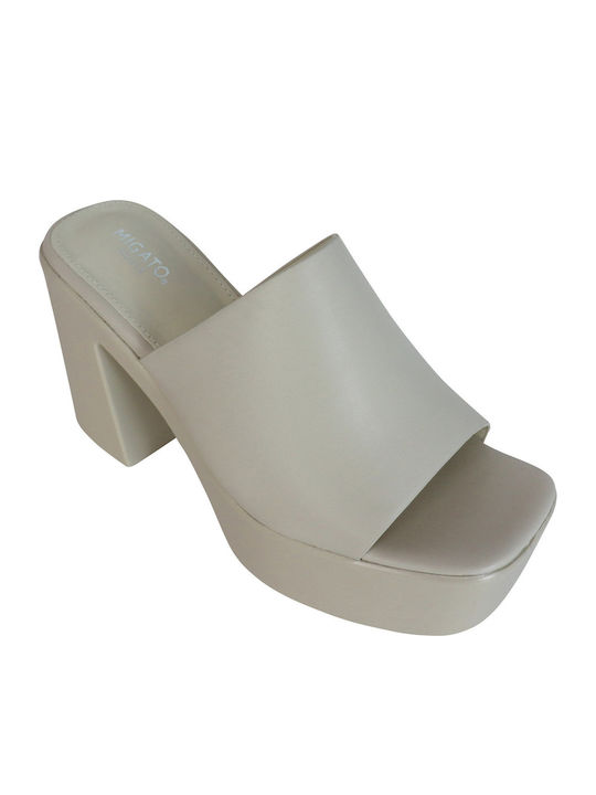 Leder Mules mit Chunky Hoch Absatz in Ecru Farbe