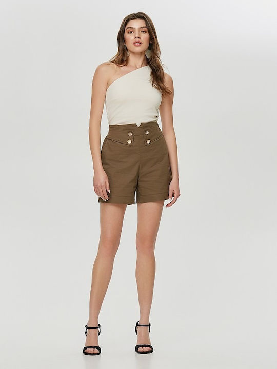 Hochtaillierte Lynne Poplin Knopf Khaki Shorts