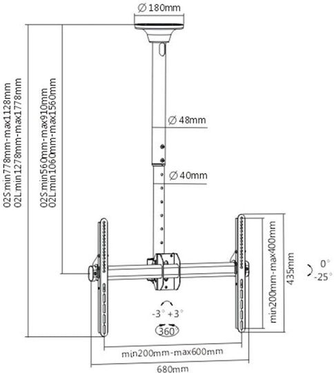 Brateck PLB-CE946-02L Βάση Τηλεόρασης Οροφής έως 70" και 50kg