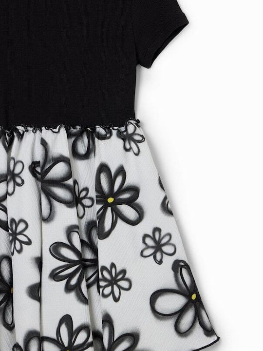 Combination Floral Kinderkleid Kurzärmelig Blumen Schwarz