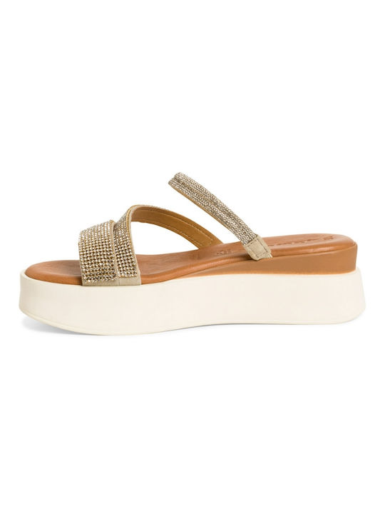 Tamaris Leather Women's Flat Sandals Flatforms in Gold Color