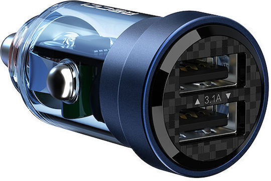 Recci Încărcător Auto 15.5W cu Porturi: 2xUSB Albastru Culoare