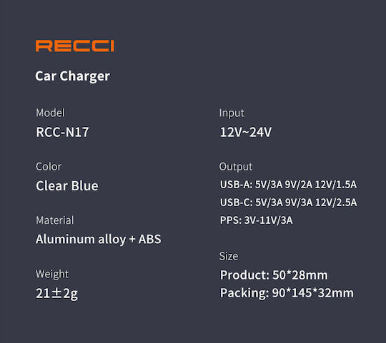 Recci Зарядно за кола 33W с един Порт: 1xUSB Син Цвят