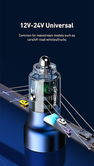 Recci Φορτιστής Αυτοκινήτου 50W Γρήγορης Φόρτισης με Θύρες: 1xUSB 1xType-C και Βολτόμετρο Μπλε