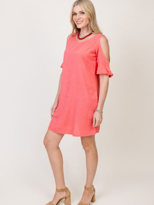 Natural Line Dress with Ruffle Coral