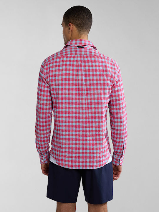 Napapijri Men's Shirt Long Sleeve Cotton Checked Red