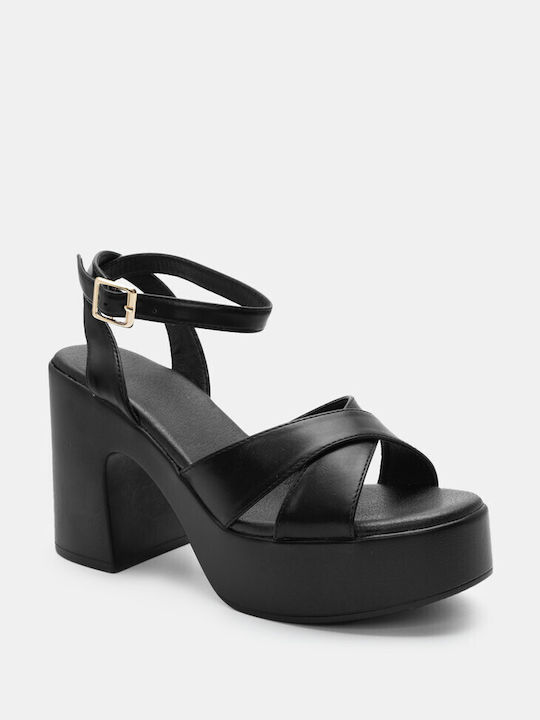 Luigi Synthetic Leather Women's Sandals with Ankle Strap Black with Chunky High Heel