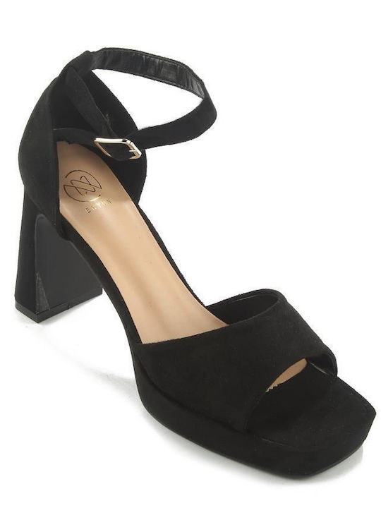 Fshoes Platform Suede Women's Sandals with Ankle Strap Black with High Heel