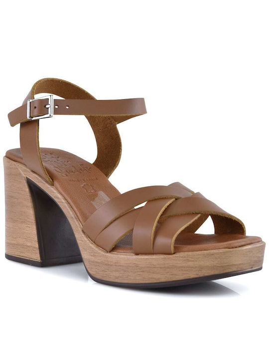 Oh My Sandals Δερμάτινα Γυναικεία Πέδιλα Ανατομικά με Ψηλό Τακούνι σε Ταμπά Χρώμα