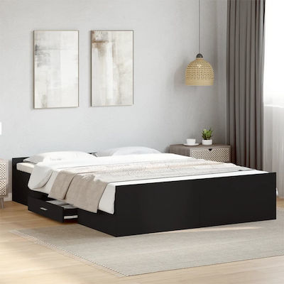 Bed Base Double made of Wood Black 150x200cm. with Storage Space