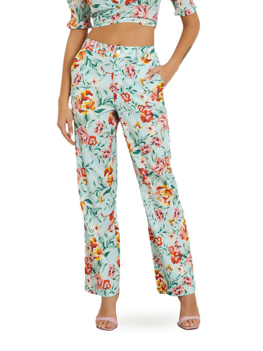 Guess Women's High-waisted Fabric Trousers in Straight Line Floral Yellow