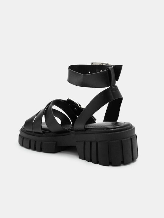 Luigi Synthetic Leather Women's Sandals with Ankle Strap Black with Medium Heel