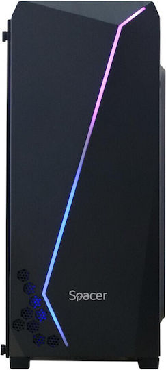 Spacer Flash Gaming Midi Tower Κουτί Υπολογιστή με Πλαϊνό Παράθυρο και RGB Φωτισμό Μαύρο