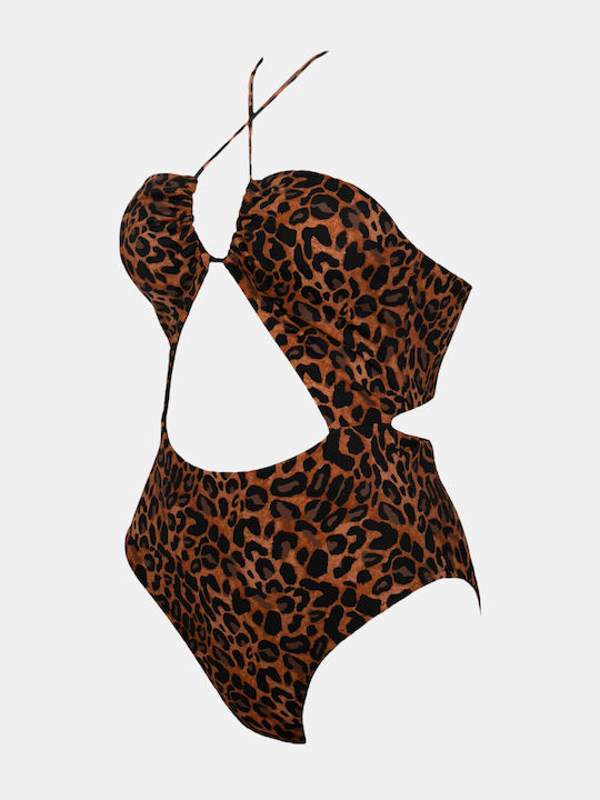 Ολόσωμο Μαγιό με Ανοίγματα Animal Print Μαύρο
