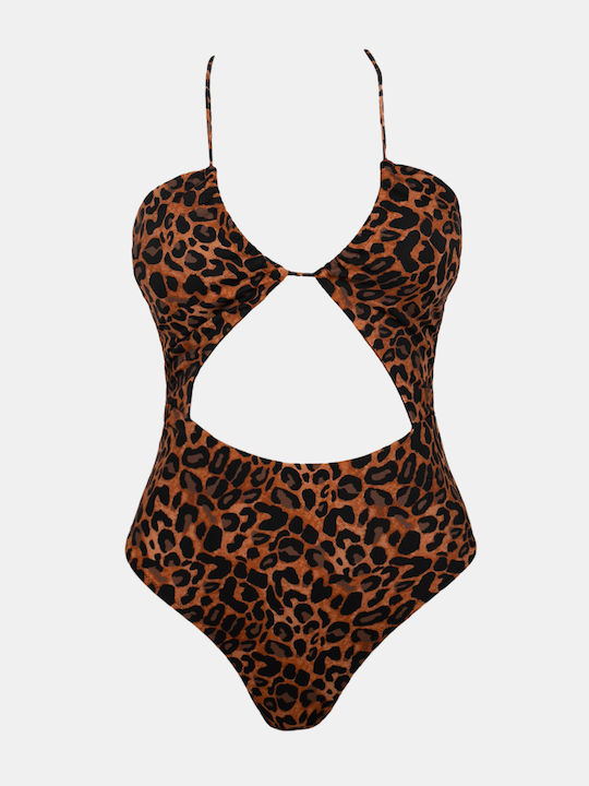 Ολόσωμο Μαγιό με Ανοίγματα Animal Print Μαύρο
